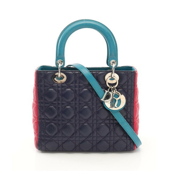 Christian Dior Lady Cannage Leather Handbag Navy Blue Pink Green - Picture 1 of 7